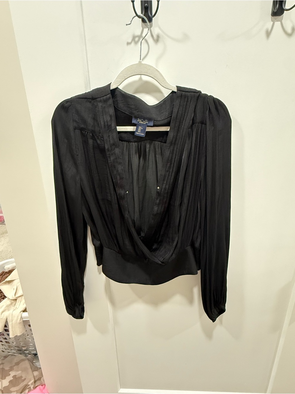 Rachel Roy Black Draped V-Neck Long-Sleeve Blouse